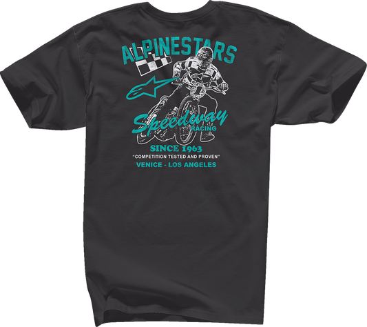 Black ALPINESTARS Speedway T-Shirt in XL with logo print, casual fit, made from comfortable fabric, front view.