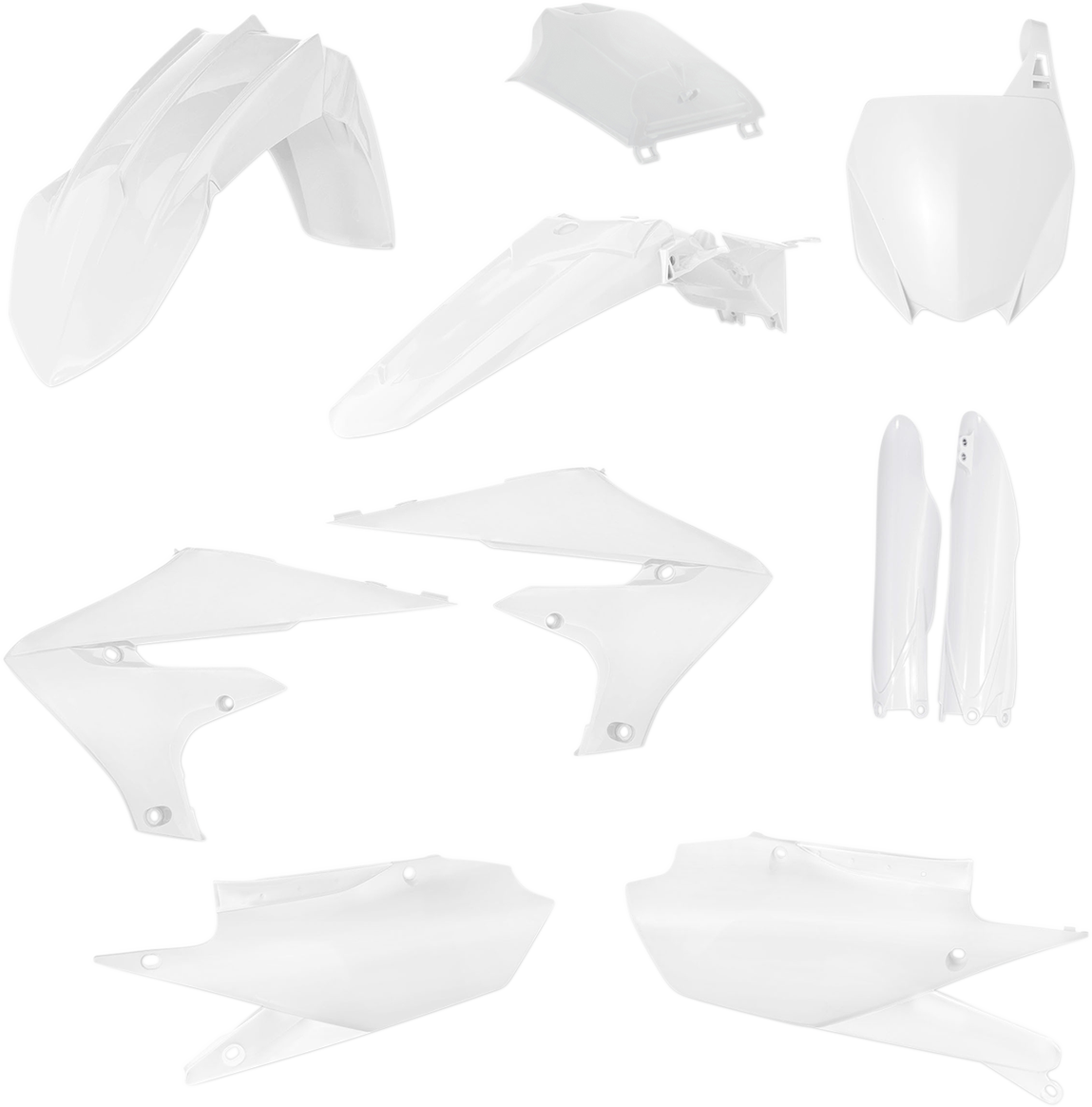 A white ACERBIS full replacement body kit for motorcycles, displayed on a plain background.