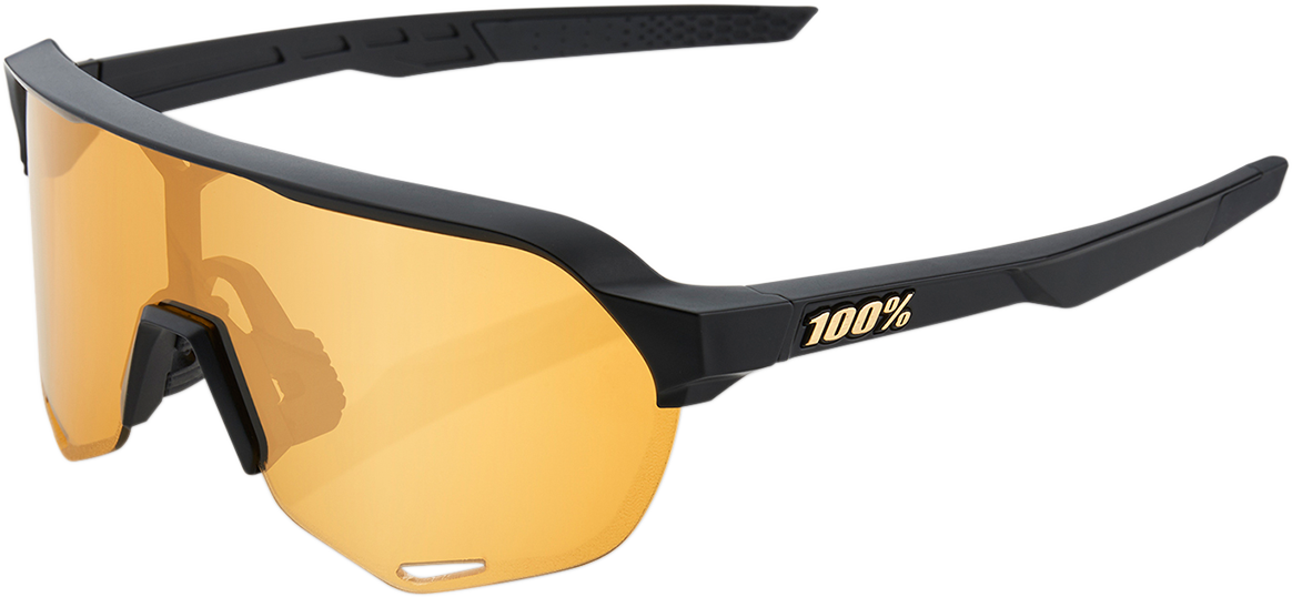 Bill's Exhausts 100% S2 sunglasses in black with gold accents, featuring tinted lenses and sleek frame design.
