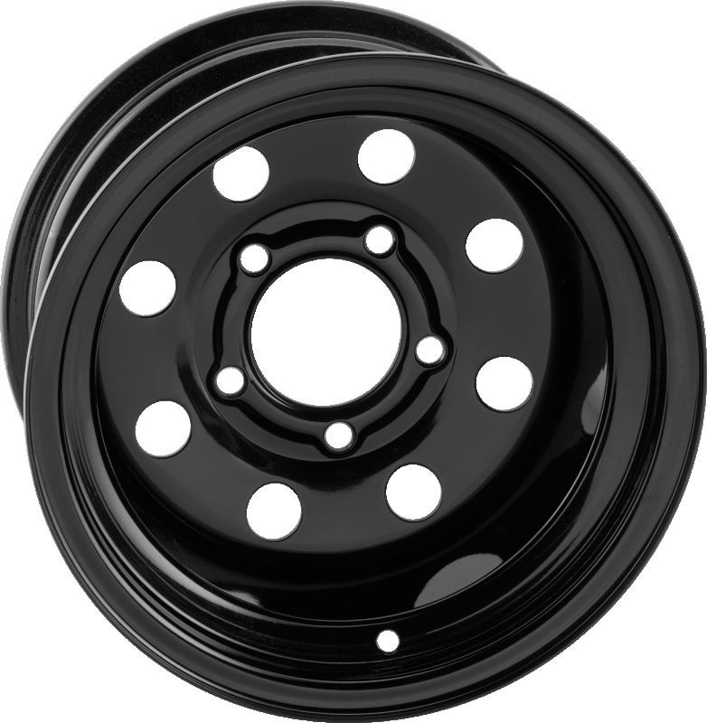 QuadBoss Steely Wheel 12x7 steel wheel with black powder coating for powersports vehicles, featuring 2+5 and 5/4.5 bolt pattern.