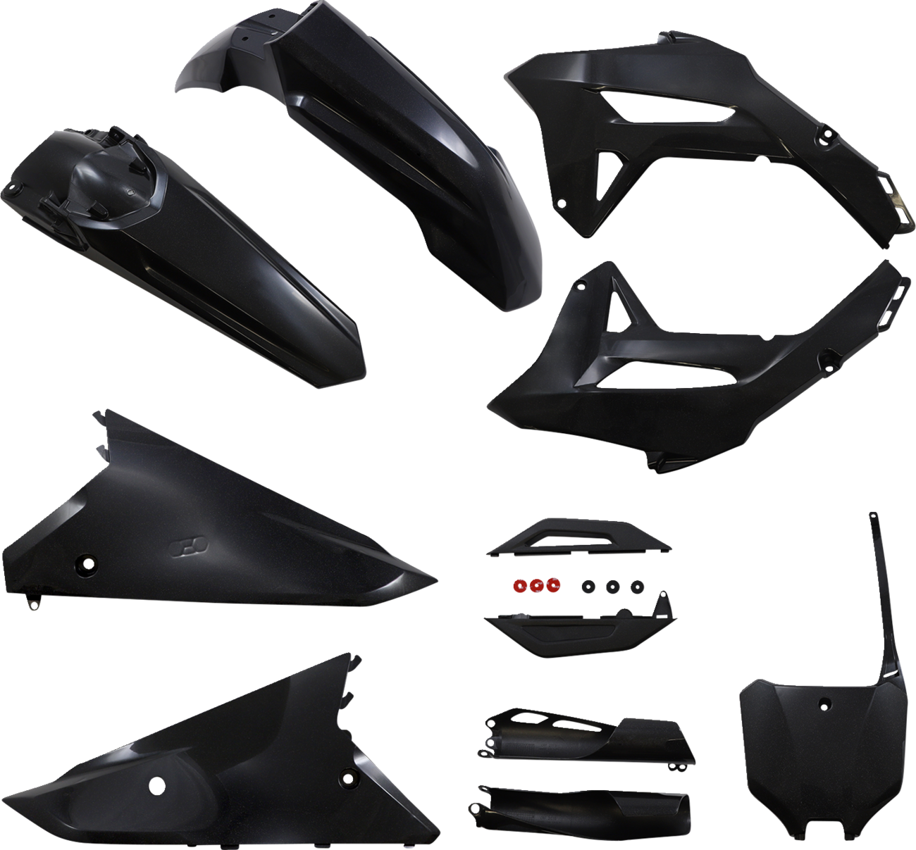 Black and metallic ACERBIS full replacement body kit for Honda CRF250R and CRF450R motocross bikes, 2021-2023.