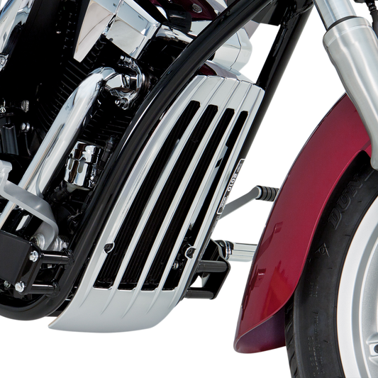Show Chrome radiator grille for VT1300 engine, chrome finish, designed for Bill's Exhausts motorcycle parts.