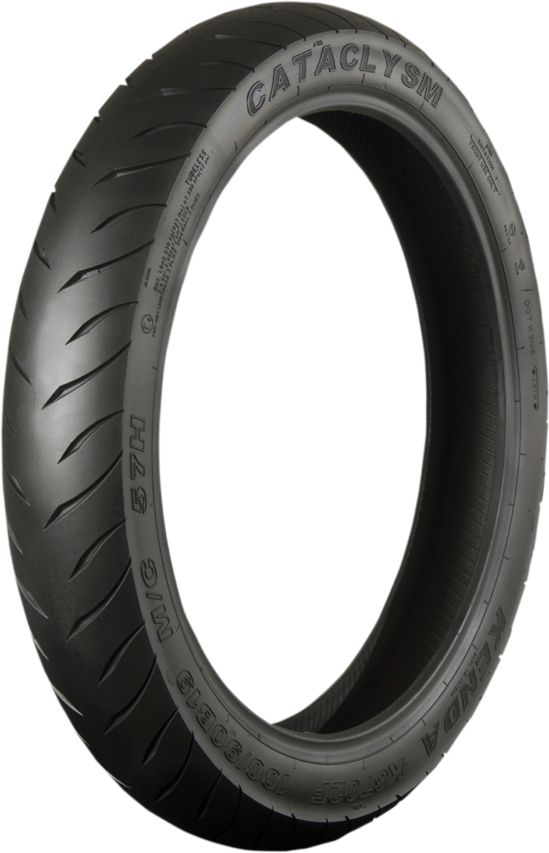KENDA K6702 Cataclysm front motorcycle tire 130/60B19 with enhanced grip and durability, featuring tread pattern for improved traction.