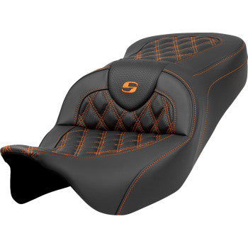 SADDLEMEN Roadsofa™ motorcycle seat with orange lattice stitch, no backrest, designed for FLH/FLT models 2008-2023