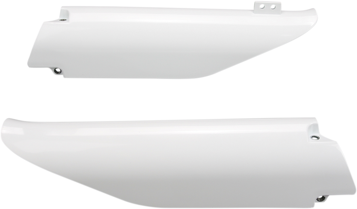 White Acerbis lower fork covers for motorcycle body protection, displayed on a vehicle in this detailed image.