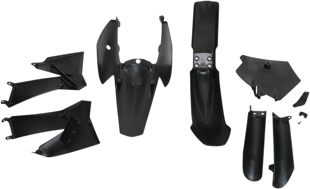 A black Acerbis full replacement motorcycle body kit on a white background, showing its sleek panels and aerodynamic design.