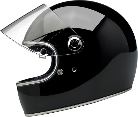 BILTWELL Gringo S helmet in glossy black, XS size, featuring a sleek motorcycle helmet design with ventilation vents and matte finish.