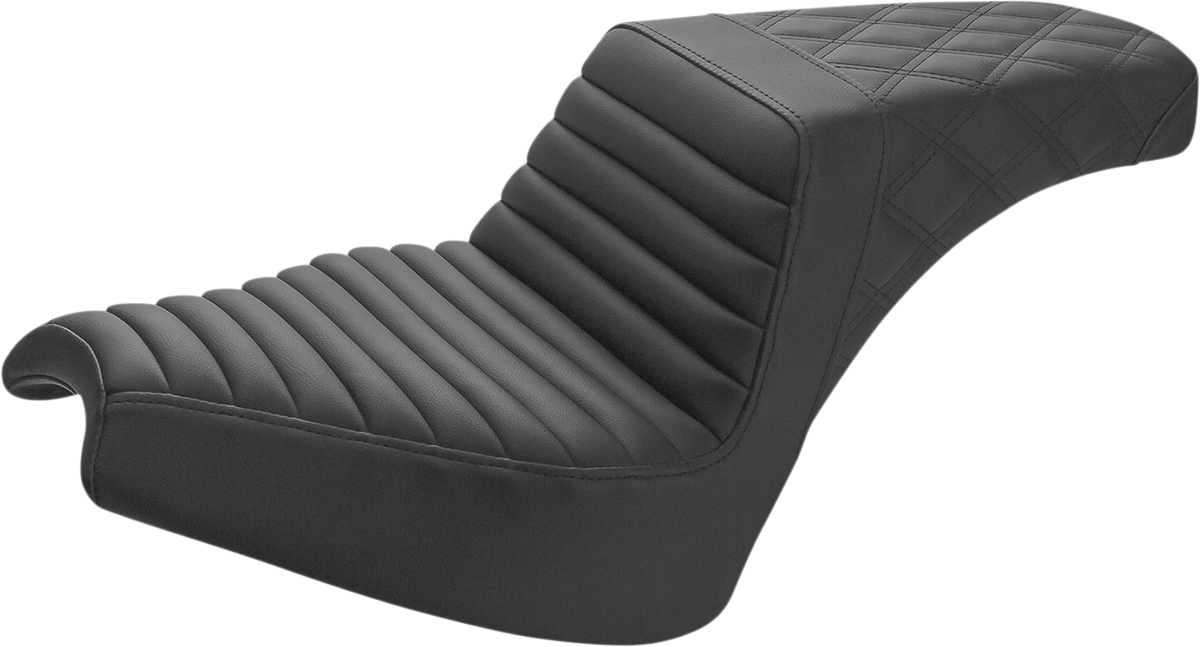 Black Saddlemens Step Up Seat with front tuck-n'-roll and rear lattice design for motorcycle, by Bill's Exhausts.