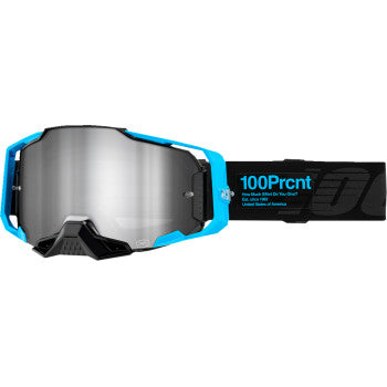 Bill's Exhausts 100% Armega Goggle Barely 2 Silver Mirror with reflective lens and adjustable strap for motocross or racing.