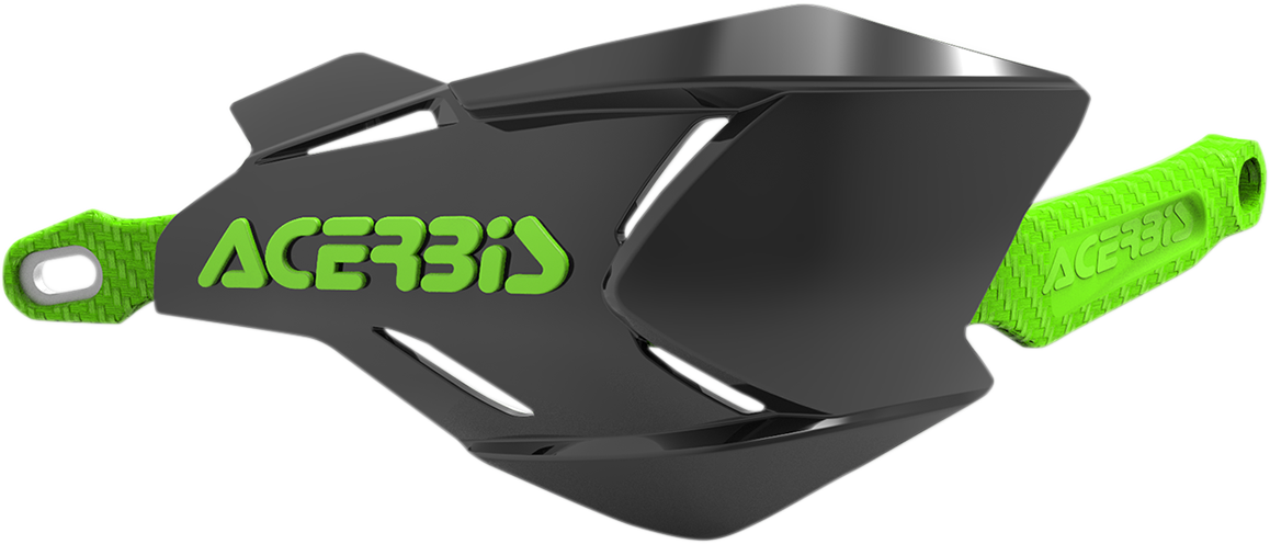 A pair of ACERBIS X-Factory black and green motorcycle handguards mounted on handlebars, designed for off-road or motocross bikes.