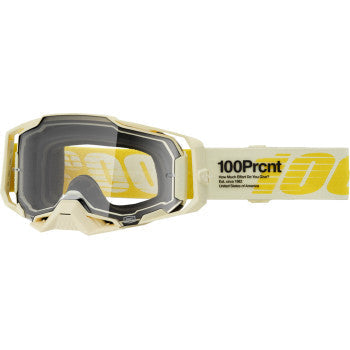 Bill's Exhausts 100% Armega Goggle in barley with clear lenses, designed for eye protection and visibility.