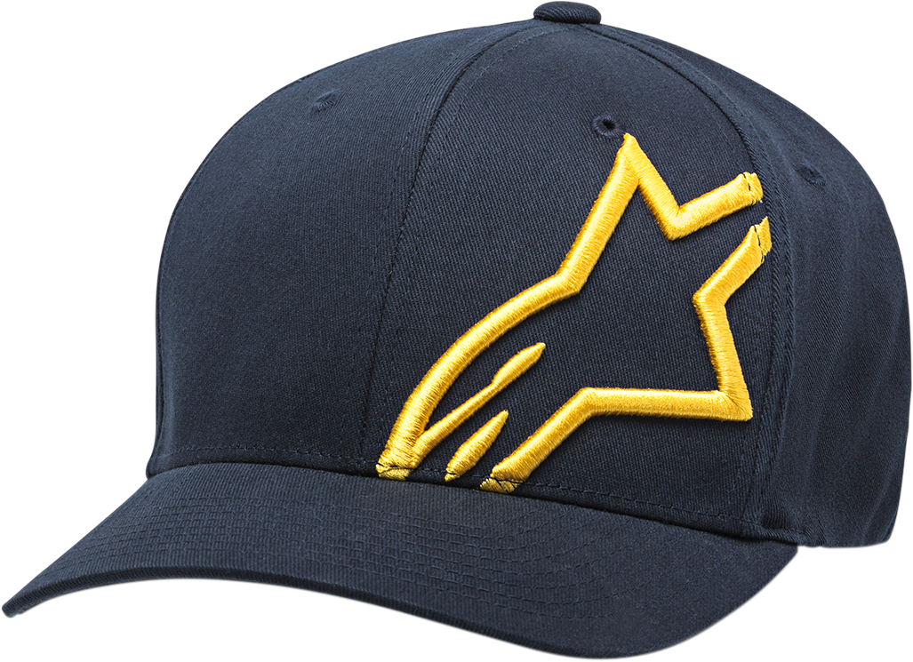 Navy and gold Alpinstars Corp Shift 2 hat in large/XL size, featuring protective gear design, with adjustable fit and sporty style