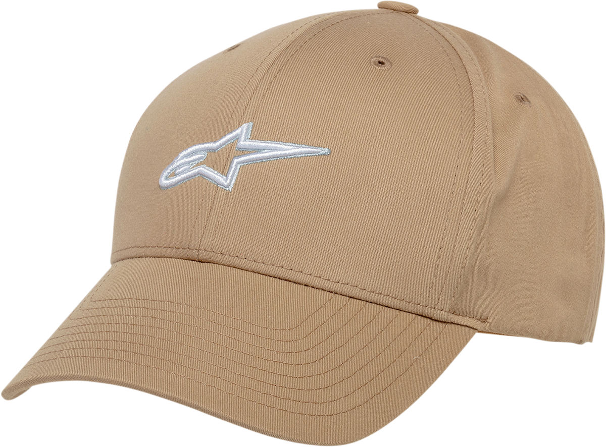 Sand-colored AlpinesStars Alpha Hat, one size, casual style with embroidered logo, shown from front view.
