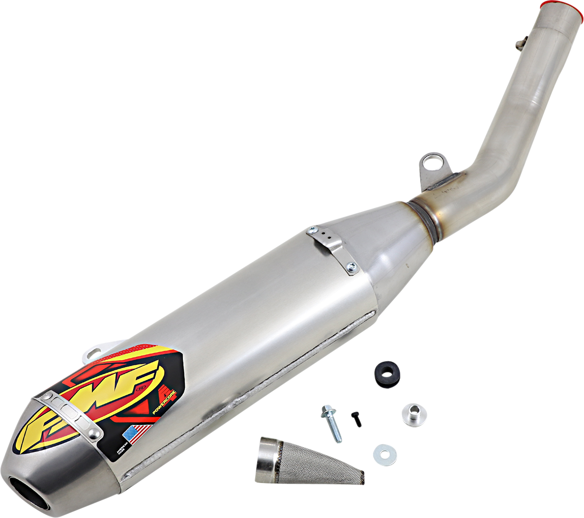 FMF Powercore 4 HEX motorcycle muffler showcasing a high-performance exhaust system with sleek design and branding.