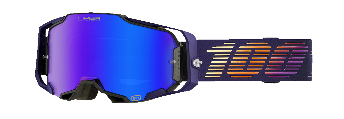 Bill's Exhausts 100% Armega Goggles with HiPER Mirror Blue lenses, featuring a sleek black frame and adjustable strap.