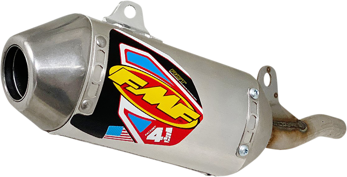 FMF Factory 4.1 motorcycle muffler, lightweight performance exhaust with polished finish, designed for optimal engine sound and power.