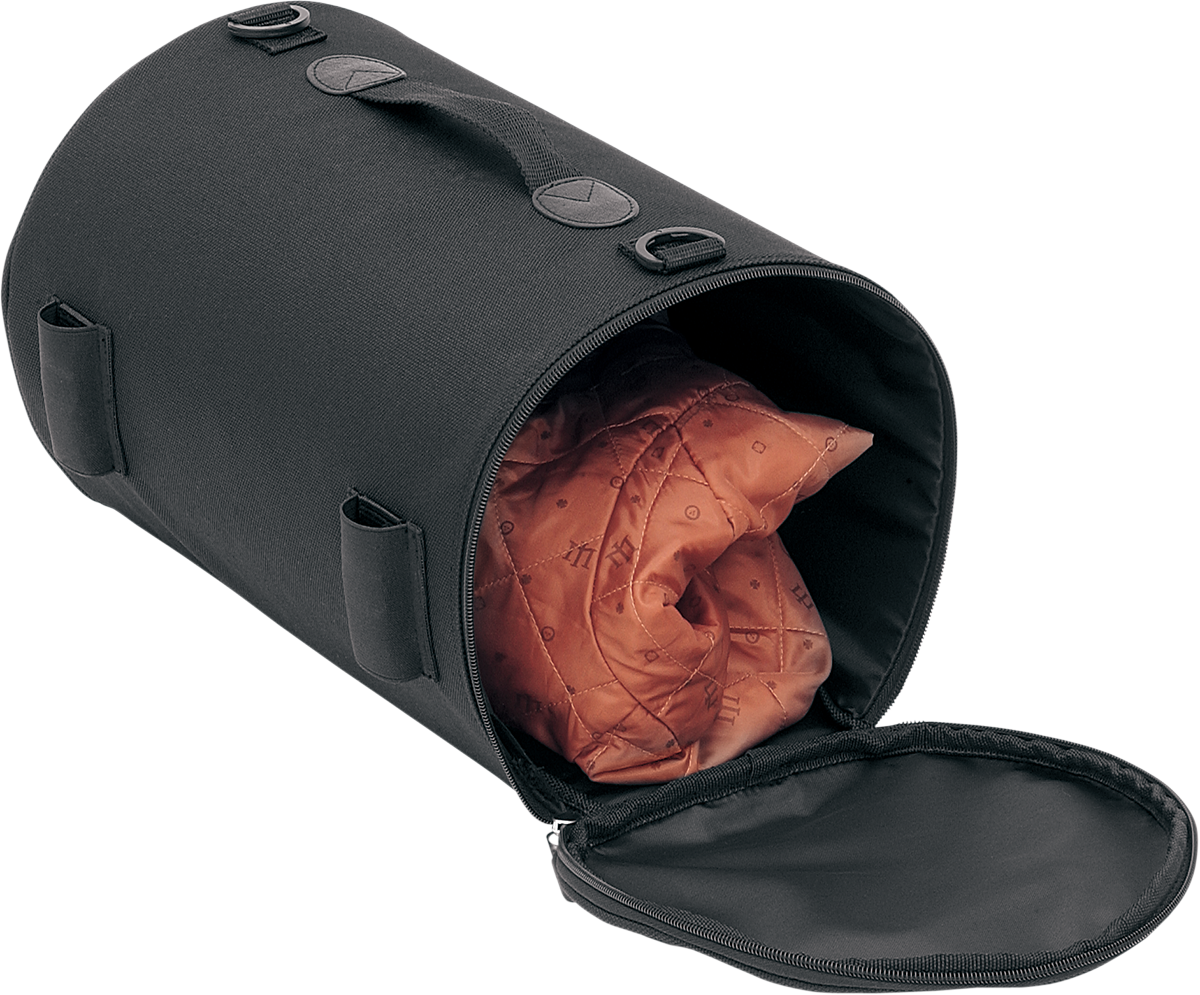 Bill's Exhausts SADDLEMEN R850 Roll Bag seat bag mounted on motorcycle seat with straps and storage compartments.