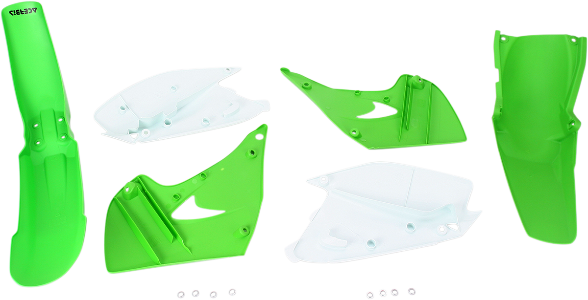 Acerbis OEM KX125/250 2003-2008 standard replacement motorcycle body kit, including side panels and body parts, on a white background.