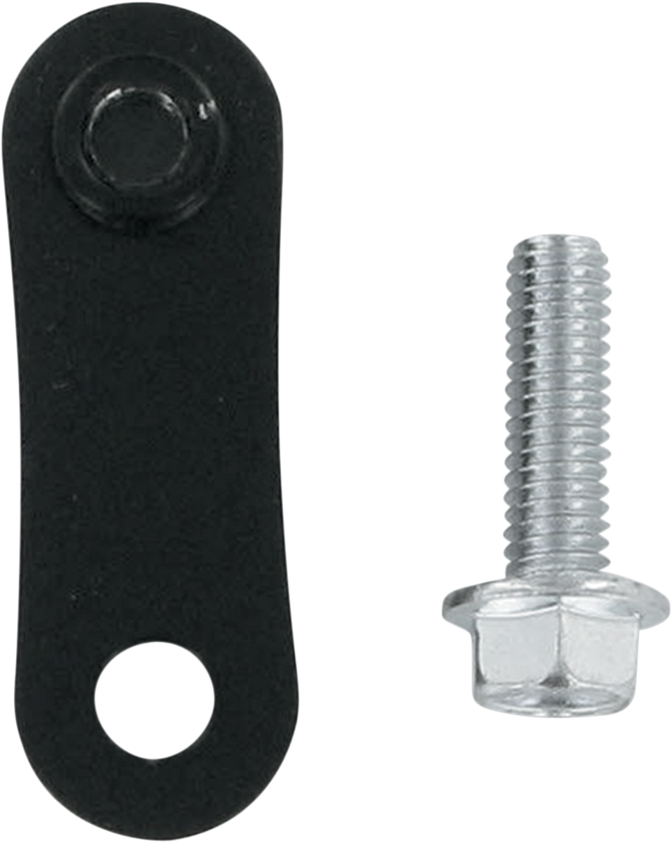 Vance & Hines left passenger foot peg bracket and relocation kit for Harley-Davidson motorcycles, shown in black with mounting hardware.