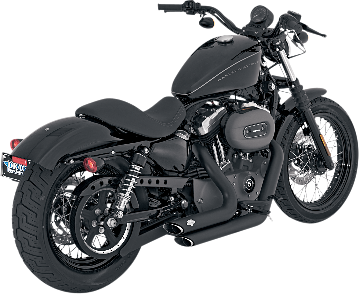 Black VANCE & HINES Shortshots Staggered Exhaust System for motorcycles, featuring sleek metal pipes and a compact design.