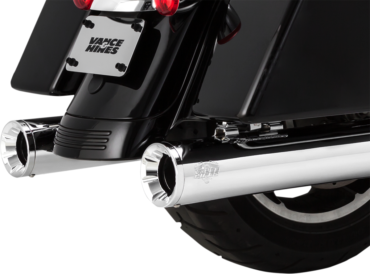 Chrome Vance & Hines Eliminator 400 slip-on mufflers for motorcycles with visible chrome finish and exhaust tips.