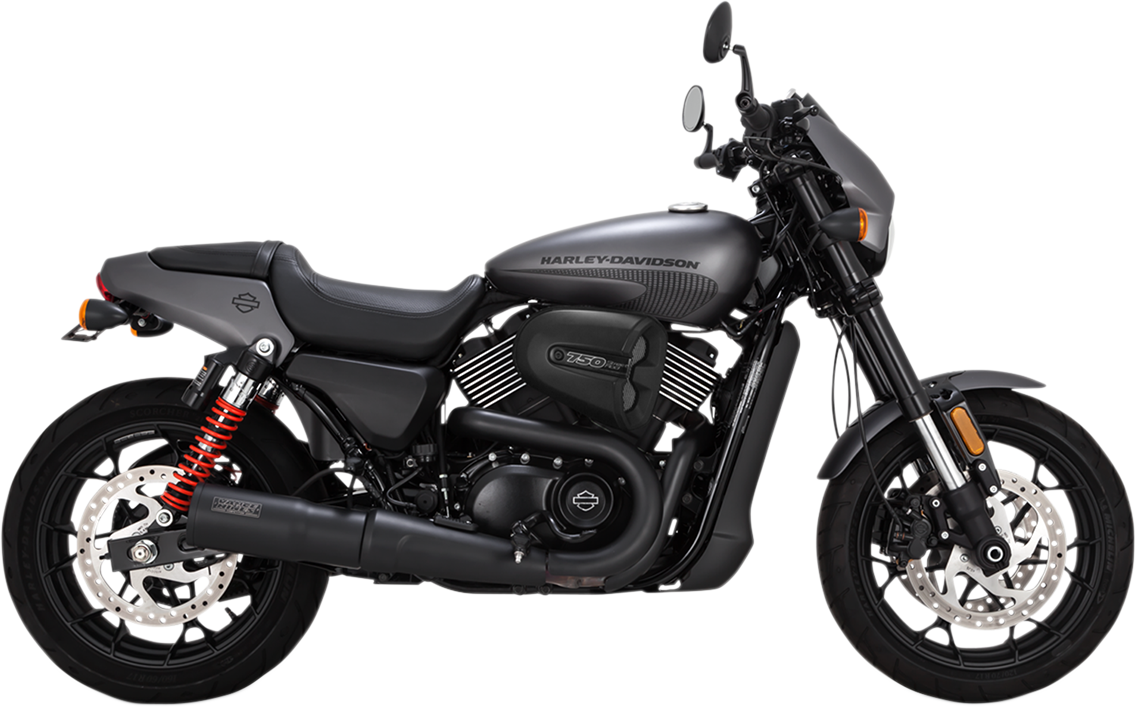 Vance & Hines Black High Output Muffler for Harley-Davidson XG/A motorcycle, showing sleek black finish and chrome accents