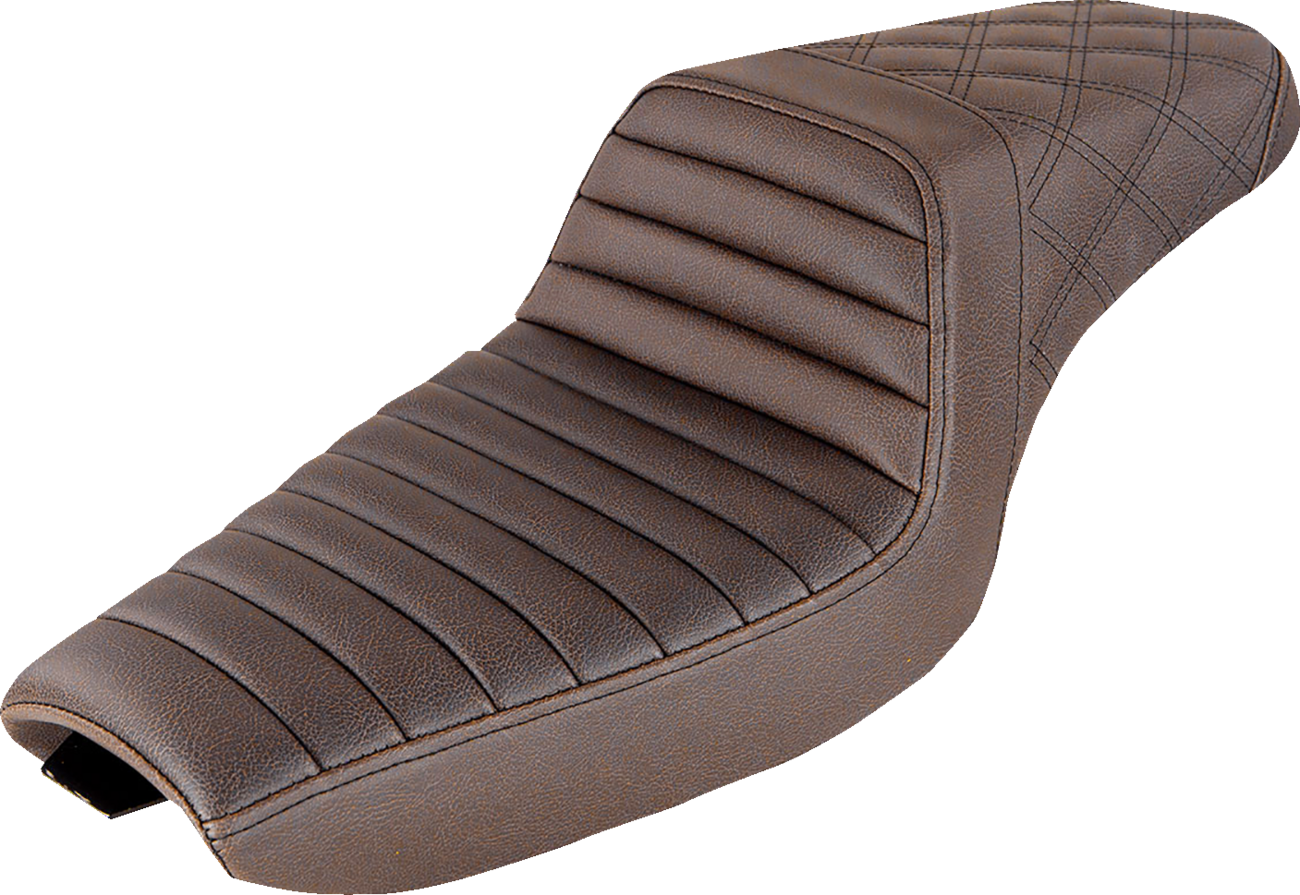 Bill's Exhausts Saddlemens Step-Up Seat in brown with tuck-n-roll front and lattice stitch rear for motorcycle comfort and style.