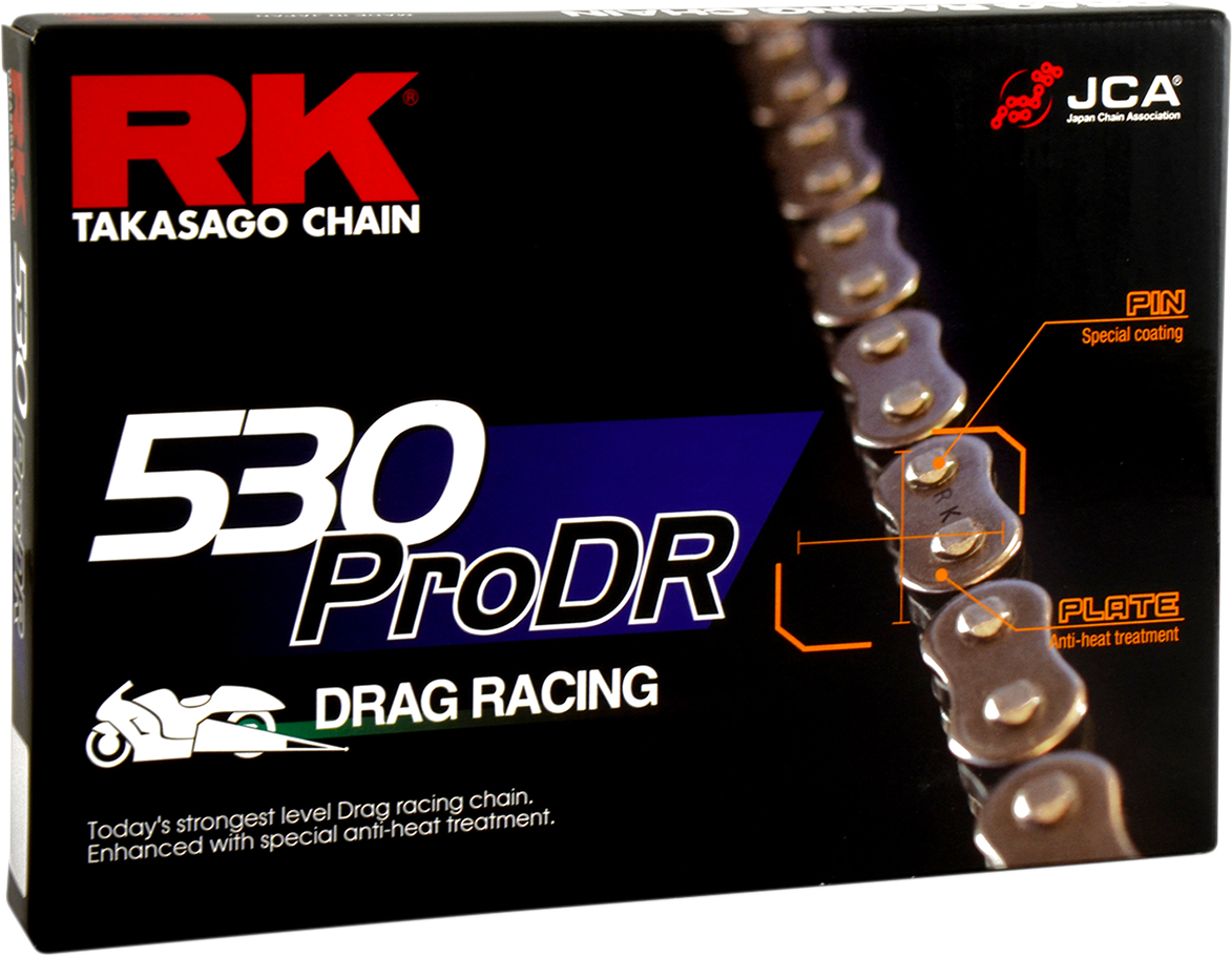 RK 530 ProDR connecting link with rivet, used for chains, showing metal link and rivet connection for heavy-duty applications.