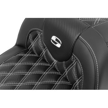 Bill's Exhausts SADDLEMEN RoadSofa™ motorcycle seat in white leather with carbon fiber base and lattice stitch detail for FLTR/FLHX 2023-2024