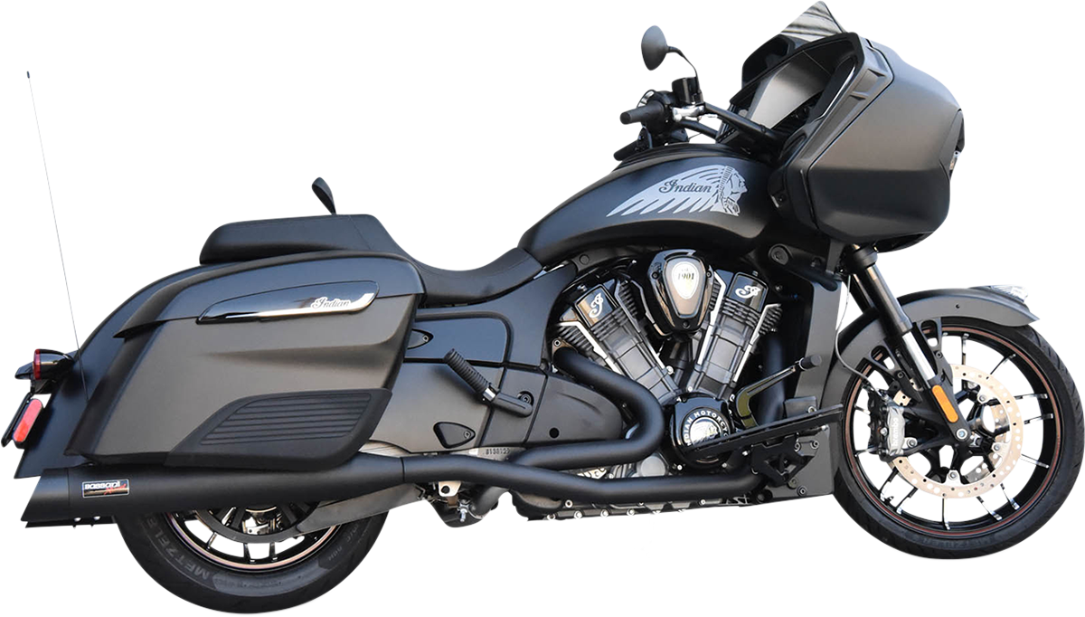 Black Bassani Xhaust Dual Challenger motorcycle exhaust system with chrome tips and mounting hardware, designed for high-performance riding.