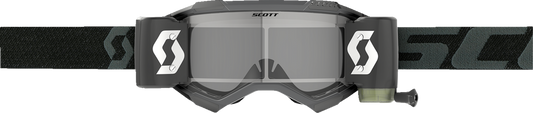 Scott Fury WFS goggles in black with clear lenses, featuring a sleek engine design for motocross or off-road riding.