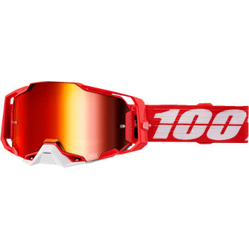 Bill's Exhausts 100% Armega Goggle C-Bad Red Mirror with adjustable strap and reflective red mirror lens for motocross riding.