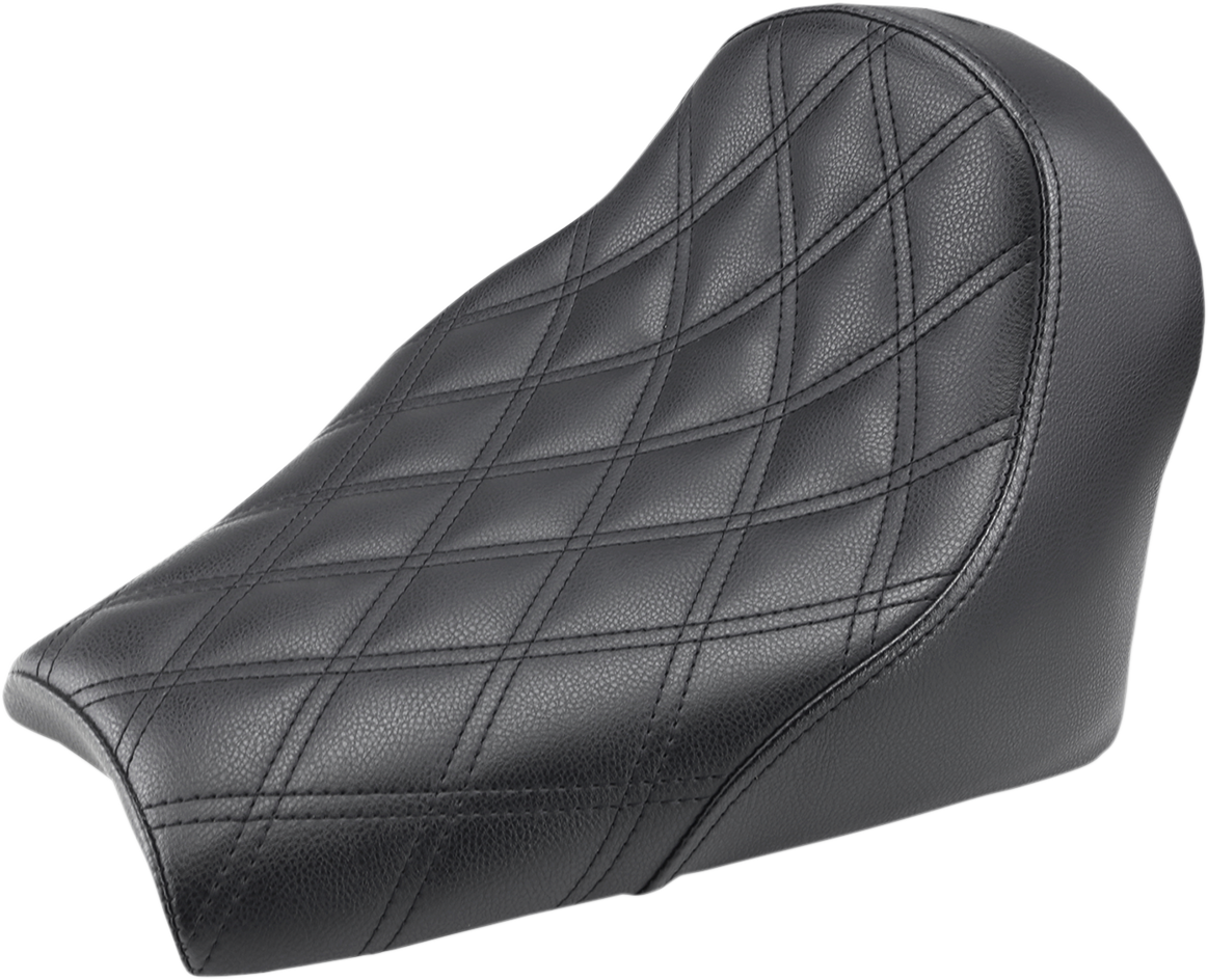 Black Saddlemens Renegade Solo Seat with lattice stitching, designed for motorcycle seats, by Bill's Exhausts.