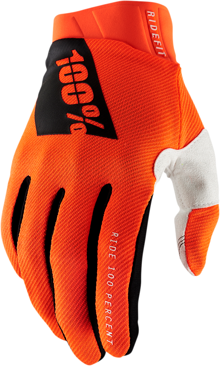 Bill's Exhausts Ridefit Gloves in fluorescent orange, 2XL, showing padded palms and adjustable wrist straps for motorcycle riding.