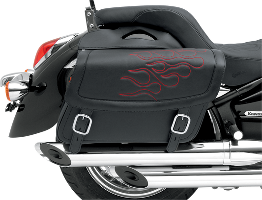 Red SADDLEMEN Flame Saddlebag for seats, large size, featuring bold flame design, mounted on a motorcycle seat.