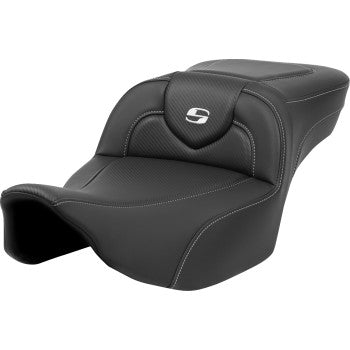 Bill's Exhausts SADDLEMEN Roadsofa™ extended reach motorcycle seat in carbon fiber with silver stitching and logo, no backrest.
