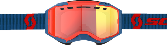 Scott Fury Snow Cross Goggle in dark blue and neon red with light-sensitive red chrome lens, designed for winter sports.