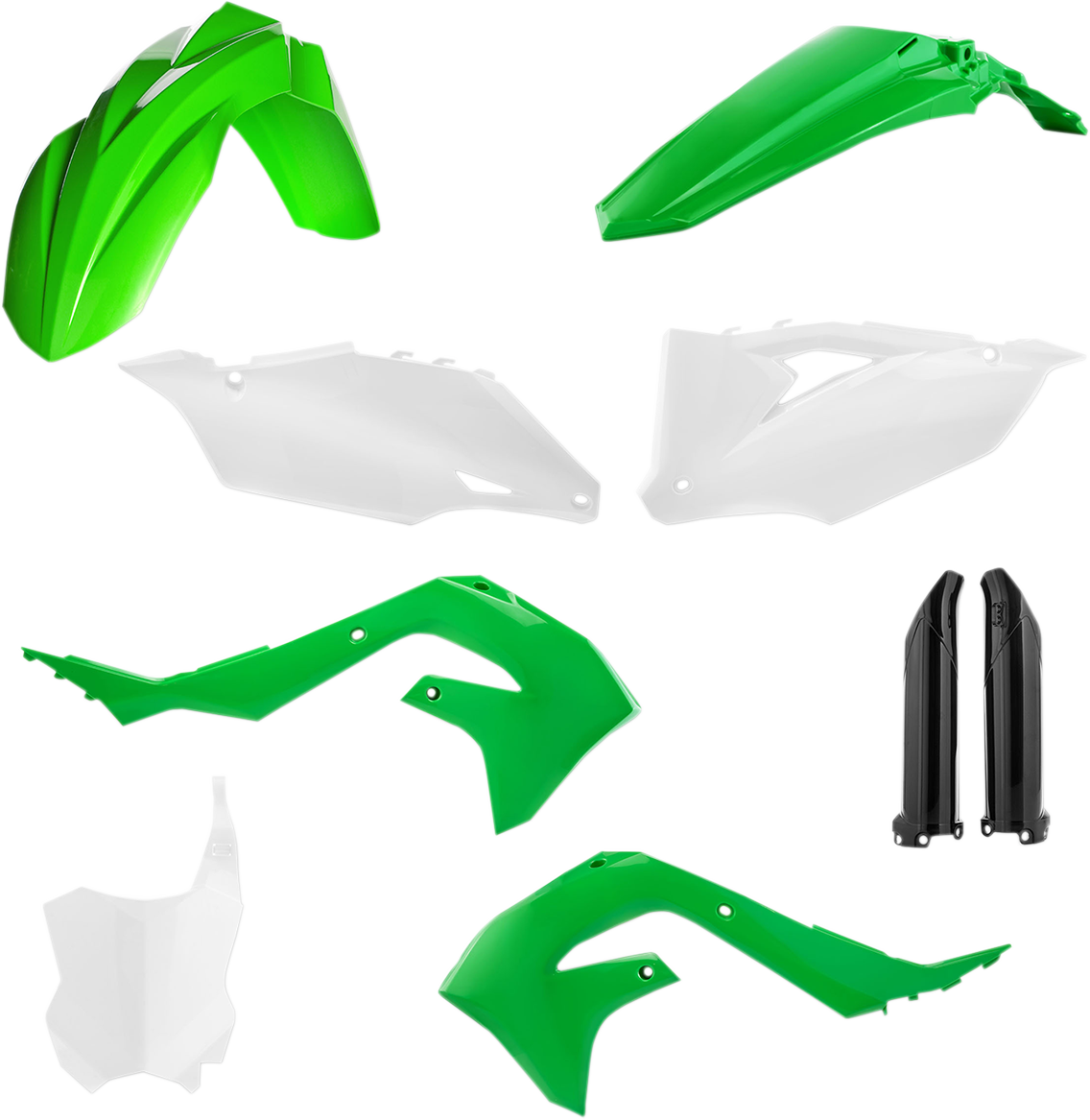 ACERBIS full replacement motorcycle body kit in green, white, and black for KX250F, KX450F models, featuring OEM design.