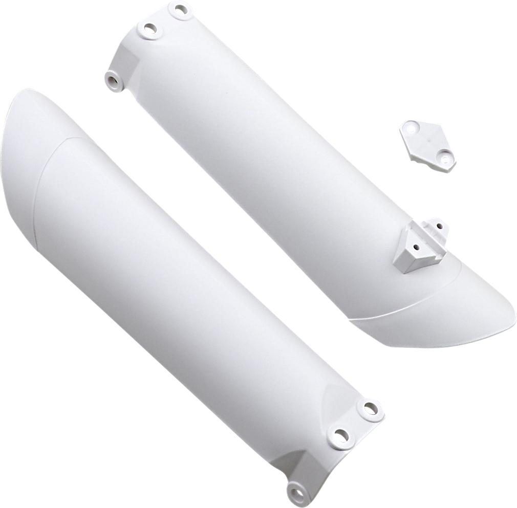 White Acerbis lower fork covers for inverted motorcycle forks, designed for durable protection and style.