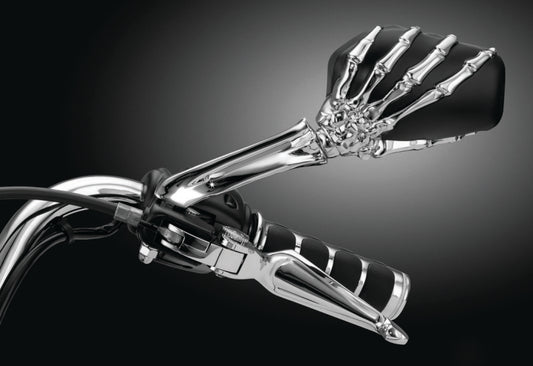 Kuryakyn Skeleton Hand mirrors in chrome and black with detailed skeleton hand design for motorcycle side mirrors.