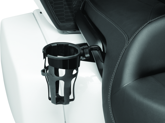 Kuryakyn Reflex drink holder for Harley Touring models, mounted on motorcycle handlebar, with black finish and secure grip design.