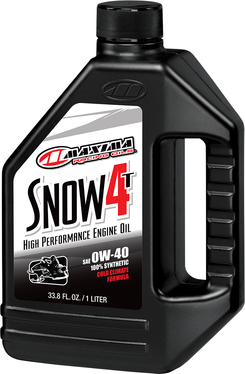 MAXIMA Racing Oil synthetic 4T snow motor oil 0W-40 in a 1-liter bottle with product label visible.