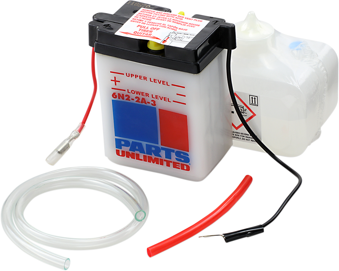Parts Unlimited 6N2-2A-3 battery replacement kit with pre-measured acid pack and hardware, suitable for motorcycle batteries.