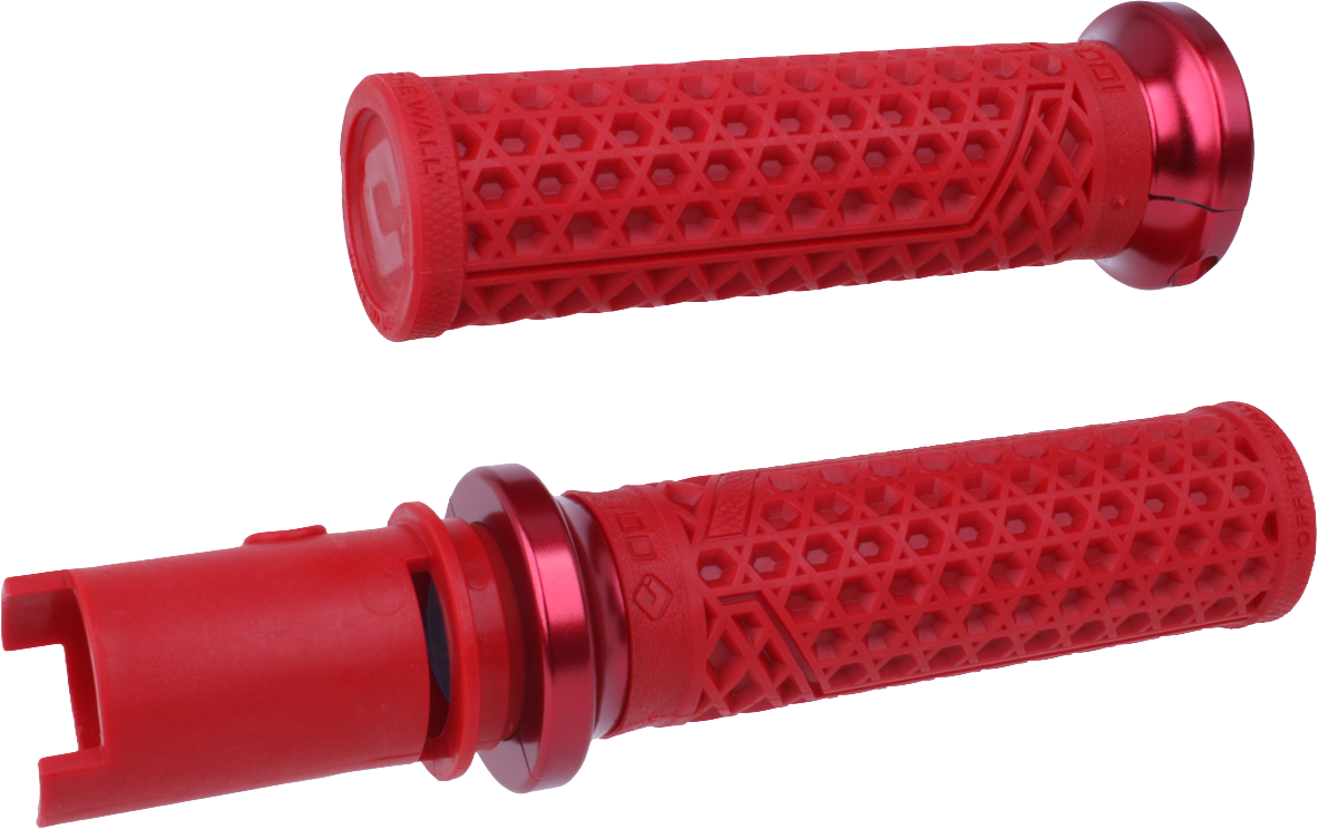 ODI Van's Lock-On motorcycle grips in dark red and red, designed for 2023-2024 models, with textured rubber surface for better grip.