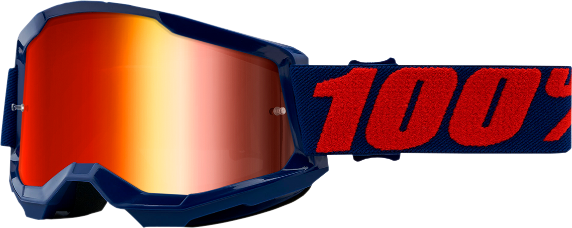 Bill's Exhausts 100% Strata 2 Goggles in red mirror with tinted lenses, designed for outdoor or sports activities.