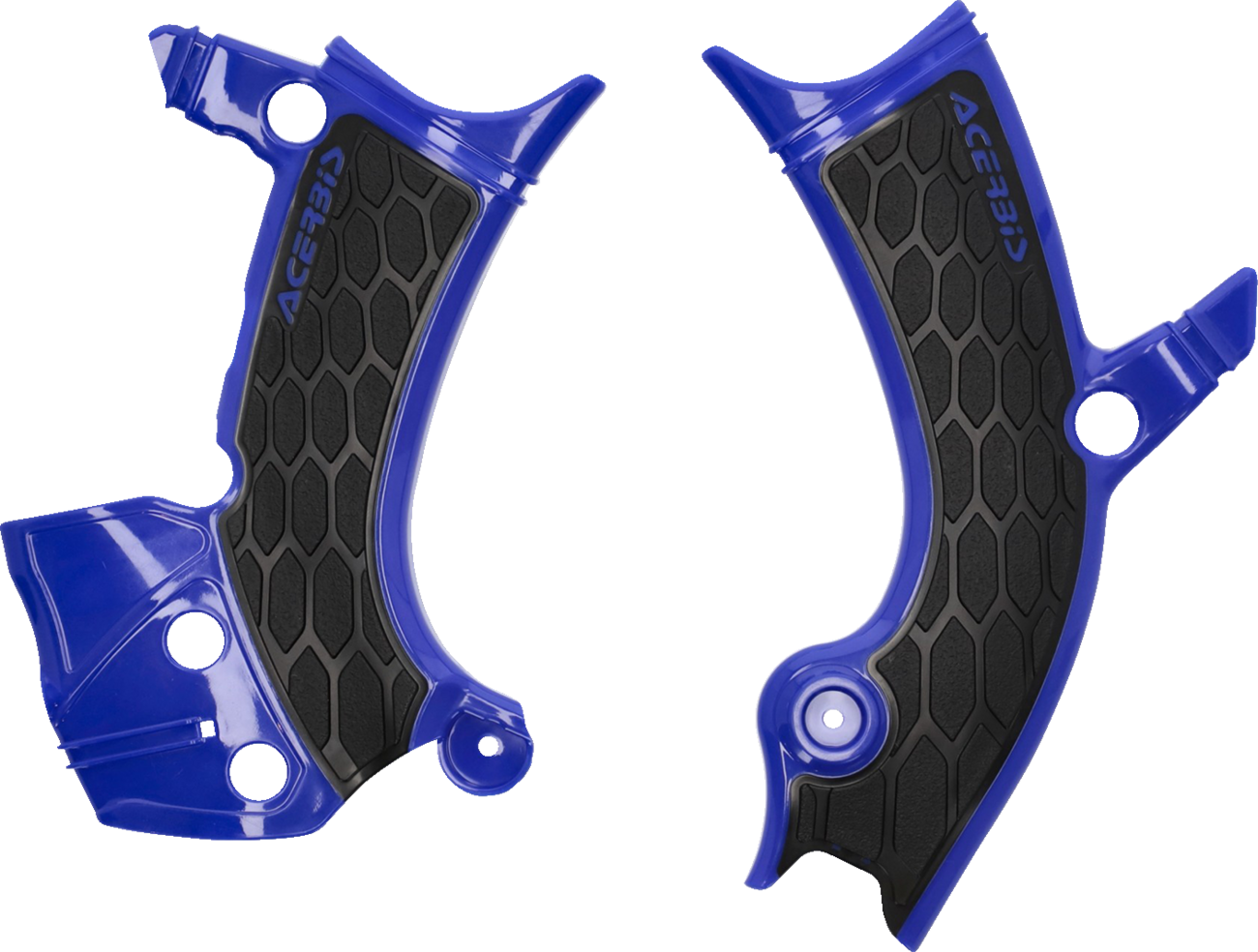 Acerbis X-Grip blue and black frame guards for Yamaha YZ 250F and 450F motocross bikes, mounted on motorcycle frame.