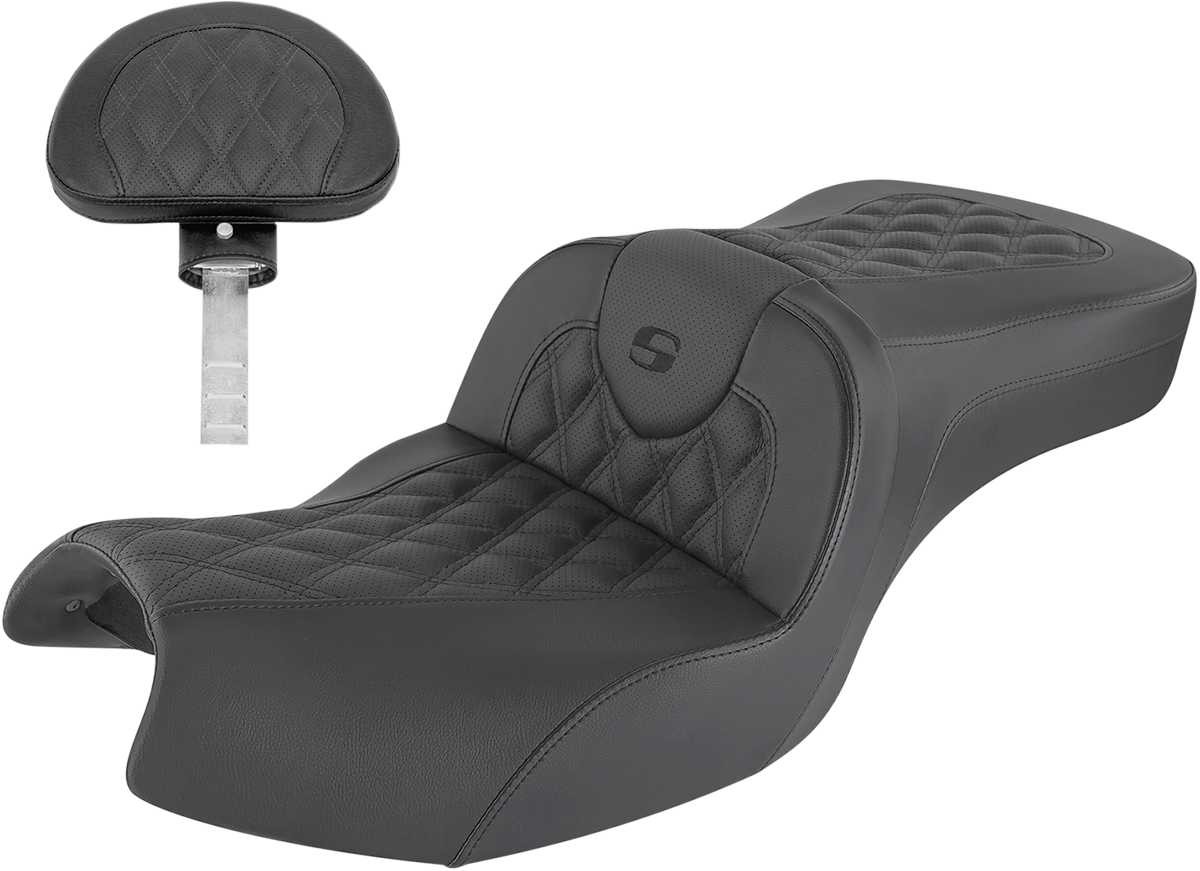 Black SADDLEMEN Roadsofa seat with backrest, full lattice stitch, designed for bikes, featuring durable construction and stylish detail.