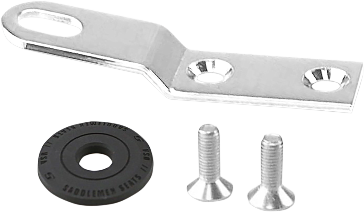Chrome SADDLEMEN seat bracket for seats, 1/4"-28 thread, compatible with motorcycle seats, shown on a motorcycle.