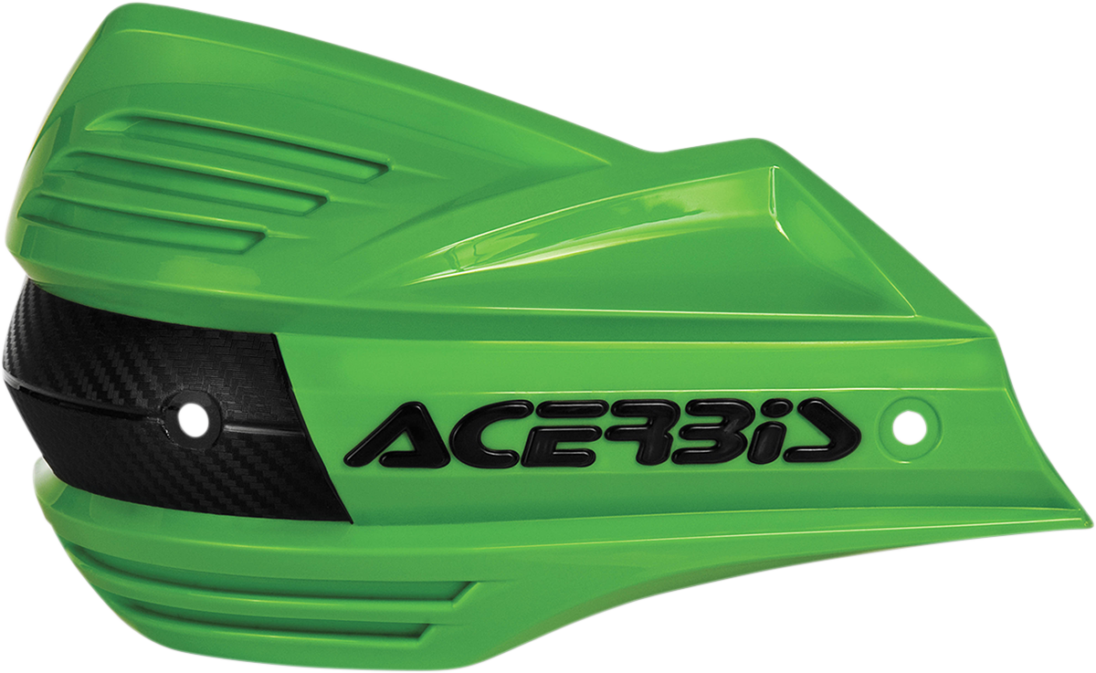 A pair of ACERBIS X-Factor green handguards with black mounting brackets for motorcycle handlebars.