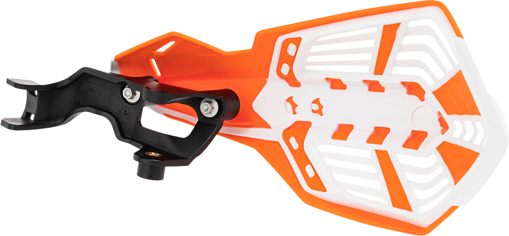 A pair of Acerbis K-Future orange and white motorcycle handguards mounted on handlebars, designed for rider protection.